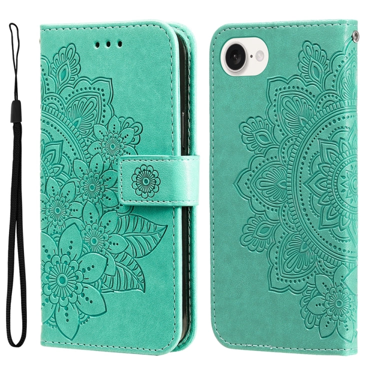 For iPhone 16e Seven-petal Flowers Embossing Leather Phone Case(Green) - iPhone 16e Cases by buy2fix | Online Shopping UK | buy2fix
