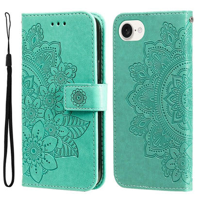 For iPhone 16e Seven-petal Flowers Embossing Leather Phone Case(Green) - iPhone 16e Cases by buy2fix | Online Shopping UK | buy2fix