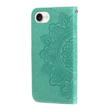 For iPhone 16e Seven-petal Flowers Embossing Leather Phone Case(Green) - iPhone 16e Cases by buy2fix | Online Shopping UK | buy2fix