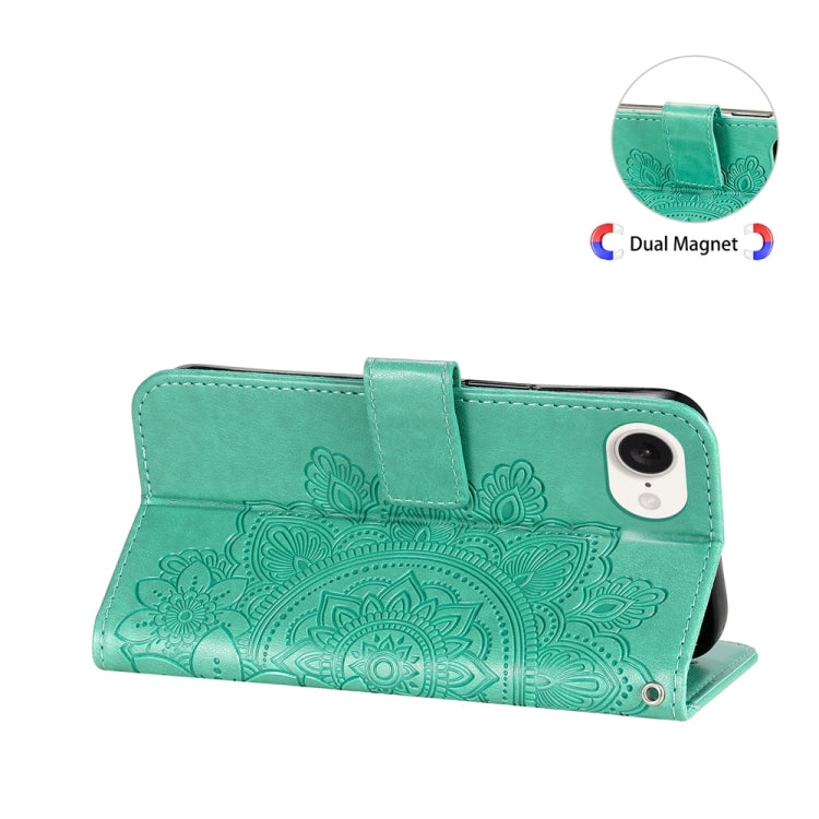 For iPhone 16e Seven-petal Flowers Embossing Leather Phone Case(Green) - iPhone 16e Cases by buy2fix | Online Shopping UK | buy2fix