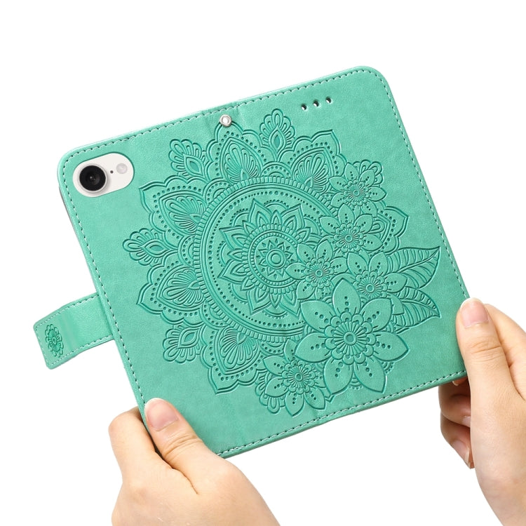 For iPhone 16e Seven-petal Flowers Embossing Leather Phone Case(Green) - iPhone 16e Cases by buy2fix | Online Shopping UK | buy2fix