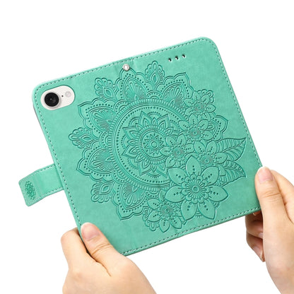 For iPhone 16e Seven-petal Flowers Embossing Leather Phone Case(Green) - iPhone 16e Cases by buy2fix | Online Shopping UK | buy2fix