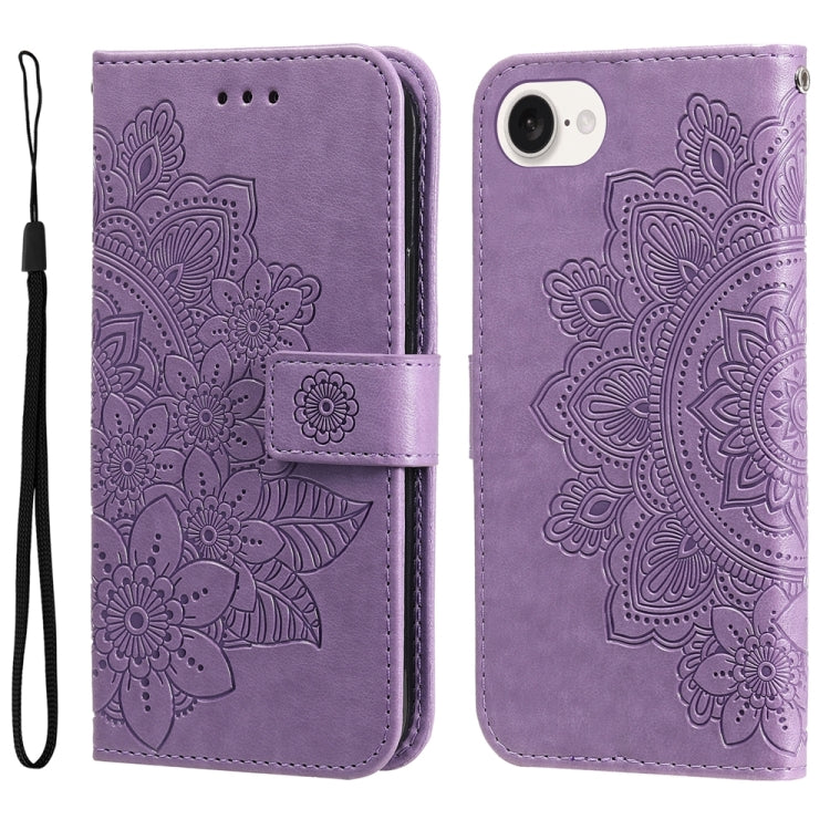 For iPhone 16e Seven-petal Flowers Embossing Leather Phone Case(Light Purple) - iPhone 16e Cases by buy2fix | Online Shopping UK | buy2fix