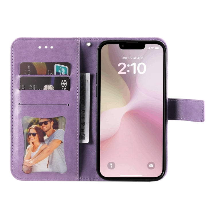 For iPhone 16e Seven-petal Flowers Embossing Leather Phone Case(Light Purple) - iPhone 16e Cases by buy2fix | Online Shopping UK | buy2fix
