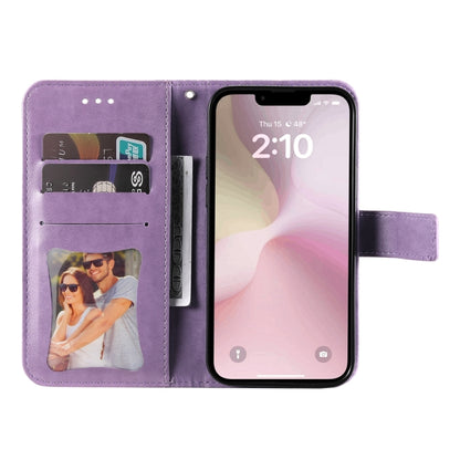 For iPhone 16e Seven-petal Flowers Embossing Leather Phone Case(Light Purple) - iPhone 16e Cases by buy2fix | Online Shopping UK | buy2fix