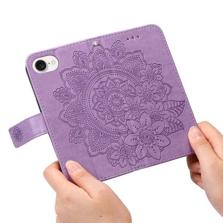 For iPhone 16e Seven-petal Flowers Embossing Leather Phone Case(Light Purple) - iPhone 16e Cases by buy2fix | Online Shopping UK | buy2fix