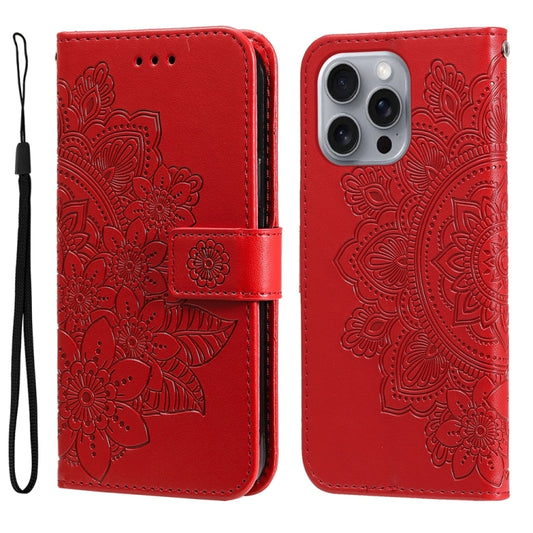 For iPhone 16 Pro Max Seven-petal Flowers Embossing Leather Phone Case(Red) by buy2fix