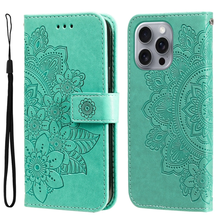 For iPhone 16 Pro Max Seven-petal Flowers Embossing Leather Phone Case(Green) by buy2fix