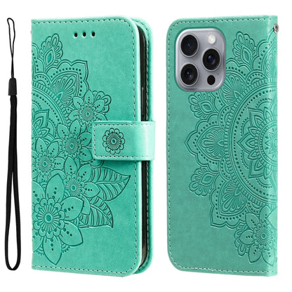 For iPhone 16 Pro Max Seven-petal Flowers Embossing Leather Phone Case(Green) by buy2fix