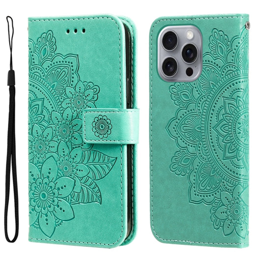 For iPhone 16 Pro Max Seven-petal Flowers Embossing Leather Phone Case(Green) by buy2fix