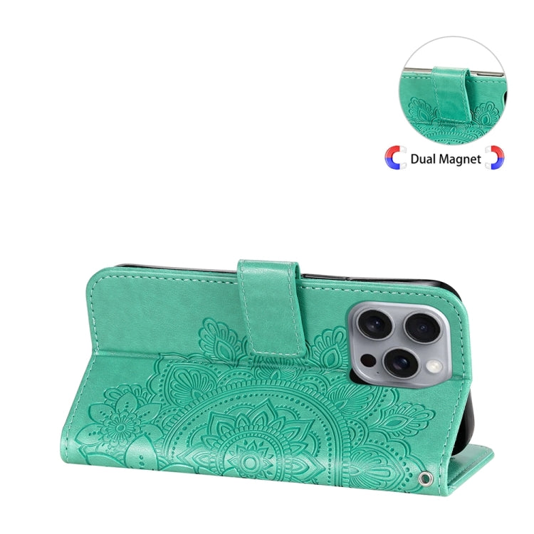 For iPhone 16 Pro Max Seven-petal Flowers Embossing Leather Phone Case(Green) by buy2fix