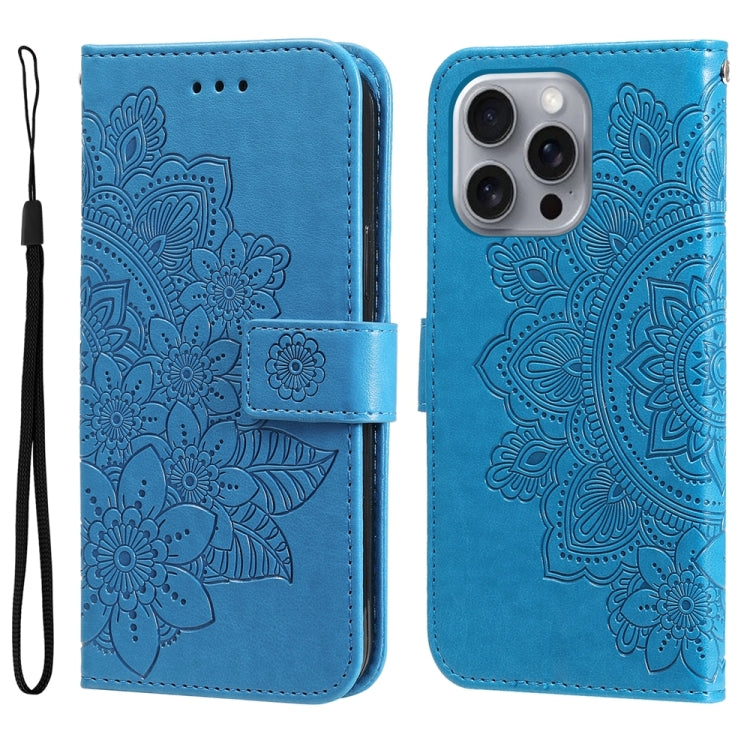 For iPhone 16 Pro Max Seven-petal Flowers Embossing Leather Phone Case(Blue) by buy2fix