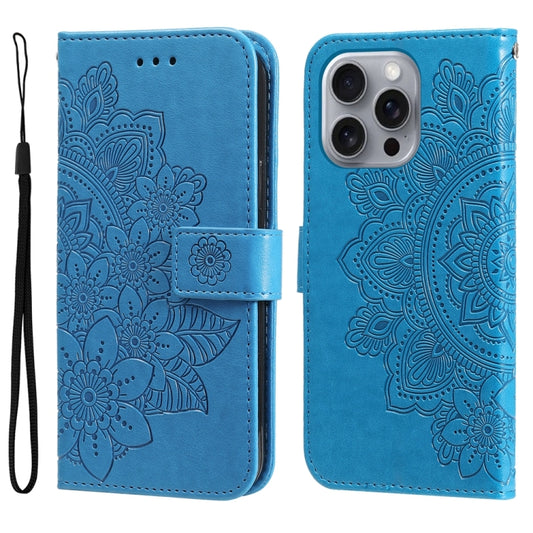 For iPhone 16 Pro Max Seven-petal Flowers Embossing Leather Phone Case(Blue) by buy2fix