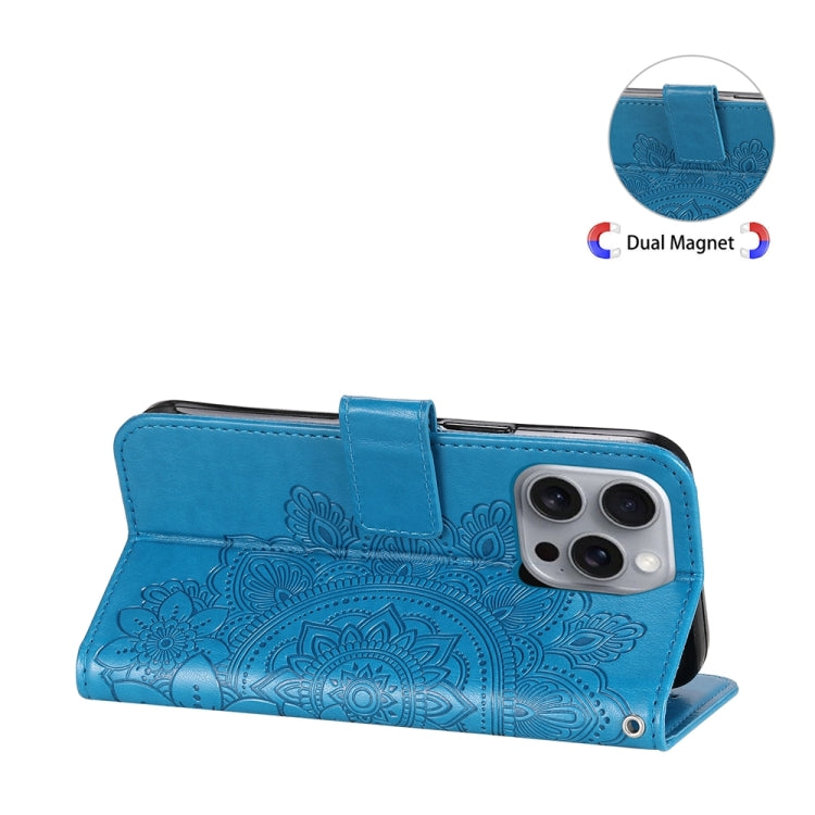 For iPhone 16 Pro Max Seven-petal Flowers Embossing Leather Phone Case(Blue) by buy2fix