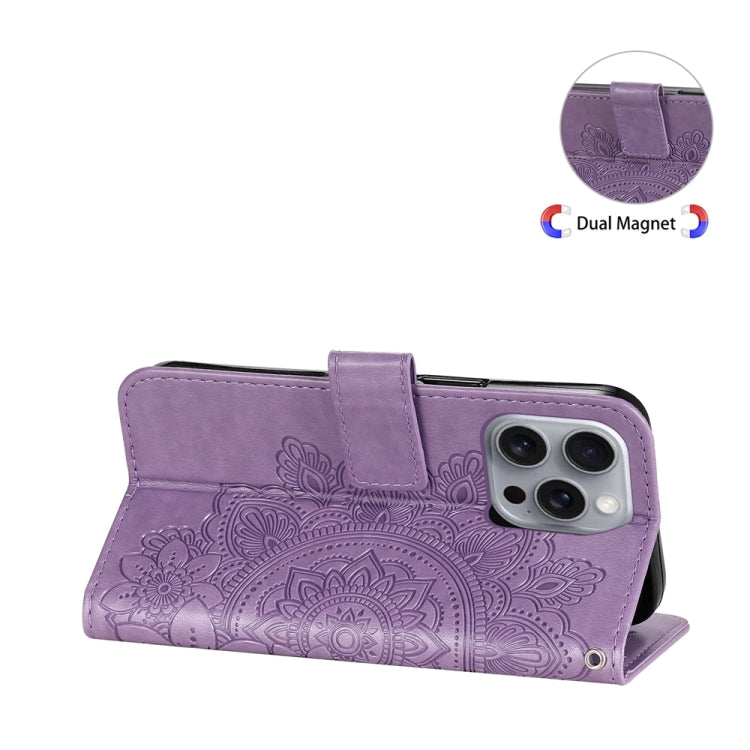 For iPhone 16 Pro Max Seven-petal Flowers Embossing Leather Phone Case(Light Purple) by buy2fix