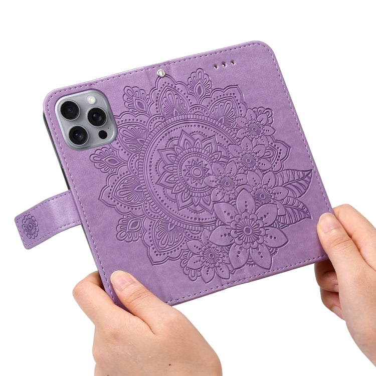 For iPhone 16 Pro Max Seven-petal Flowers Embossing Leather Phone Case(Light Purple) by buy2fix