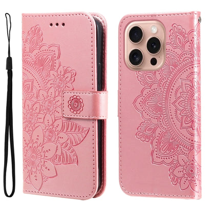For iPhone 16 Pro Seven-petal Flowers Embossing Leather Phone Case(Rose Gold) by buy2fix