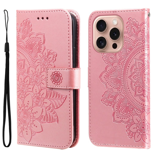 For iPhone 16 Pro Seven-petal Flowers Embossing Leather Phone Case(Rose Gold) by buy2fix