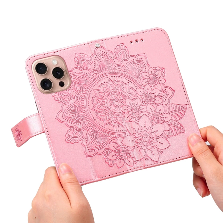 For iPhone 16 Pro Seven-petal Flowers Embossing Leather Phone Case(Rose Gold) by buy2fix