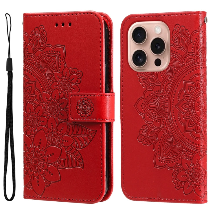 For iPhone 16 Pro Seven-petal Flowers Embossing Leather Phone Case(Red) by buy2fix