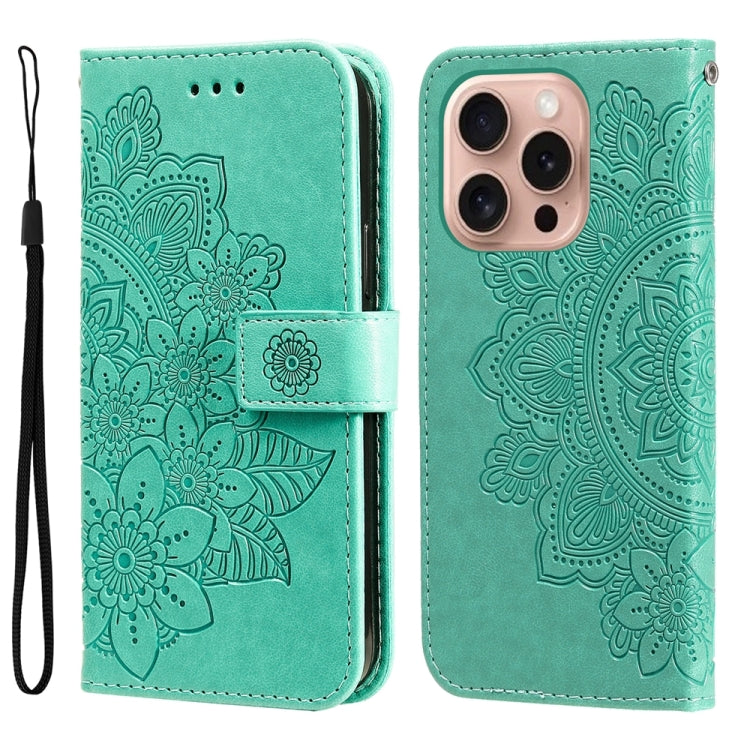 For iPhone 16 Pro Seven-petal Flowers Embossing Leather Phone Case(Green) by buy2fix