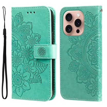 For iPhone 16 Pro Seven-petal Flowers Embossing Leather Phone Case(Green) by buy2fix