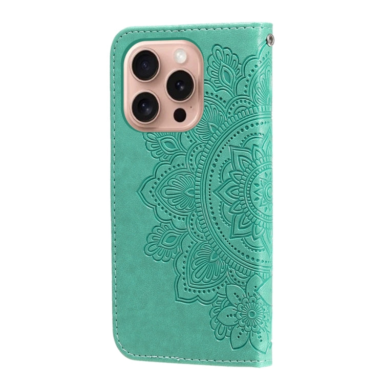 For iPhone 16 Pro Seven-petal Flowers Embossing Leather Phone Case(Green) by buy2fix
