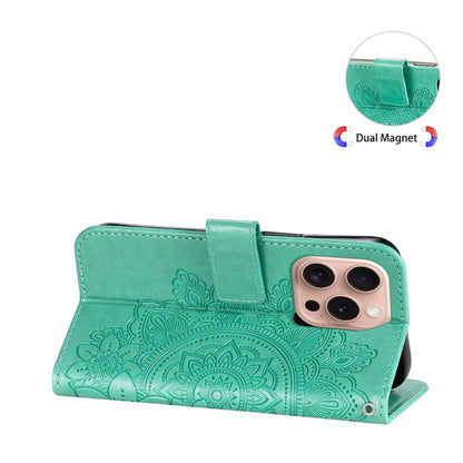 For iPhone 16 Pro Seven-petal Flowers Embossing Leather Phone Case(Green) by buy2fix