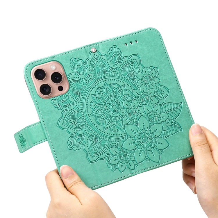 For iPhone 16 Pro Seven-petal Flowers Embossing Leather Phone Case(Green) by buy2fix