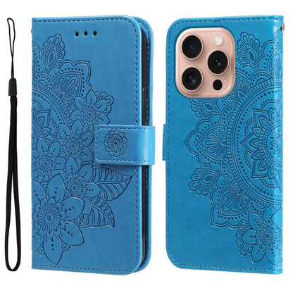 For iPhone 16 Pro Seven-petal Flowers Embossing Leather Phone Case(Blue) by buy2fix