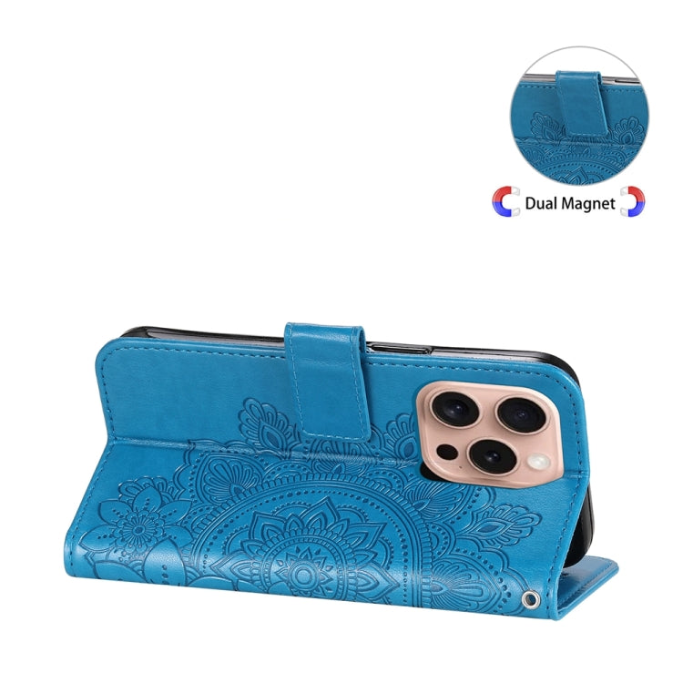 For iPhone 16 Pro Seven-petal Flowers Embossing Leather Phone Case(Blue) by buy2fix