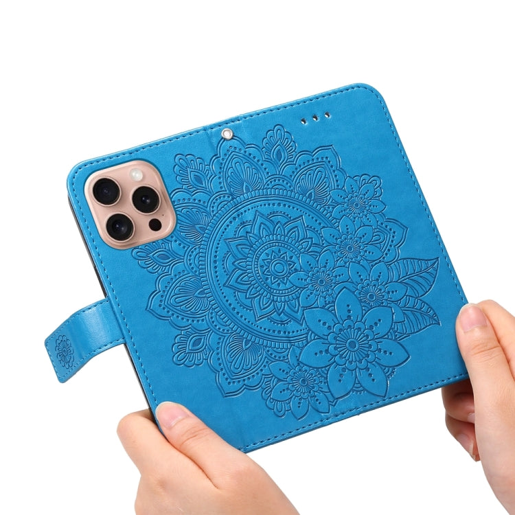 For iPhone 16 Pro Seven-petal Flowers Embossing Leather Phone Case(Blue) by buy2fix