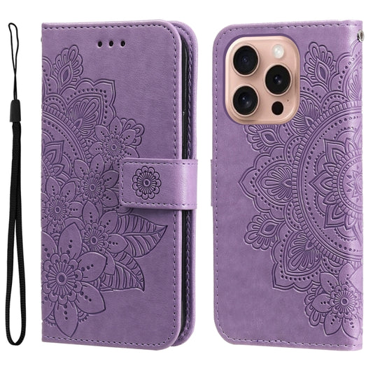 For iPhone 16 Pro Seven-petal Flowers Embossing Leather Phone Case(Light Purple) by buy2fix