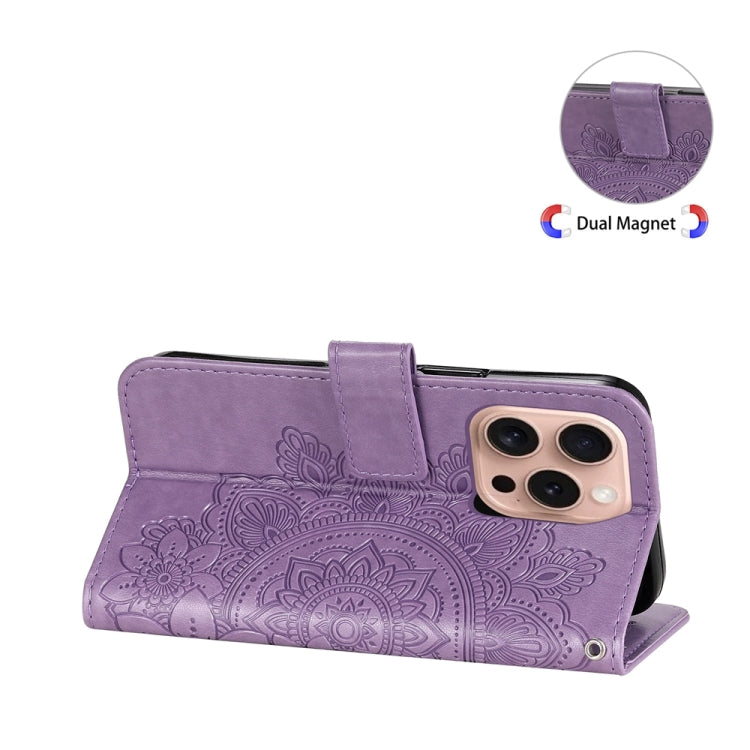 For iPhone 16 Pro Seven-petal Flowers Embossing Leather Phone Case(Light Purple) by buy2fix