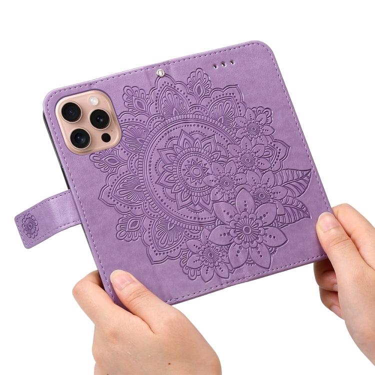 For iPhone 16 Pro Seven-petal Flowers Embossing Leather Phone Case(Light Purple) by buy2fix
