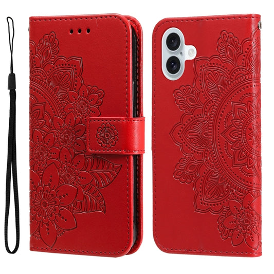 For iPhone 16 Plus Seven-petal Flowers Embossing Leather Phone Case(Red) - iPhone 16 Plus Cases by buy2fix | Online Shopping UK | buy2fix