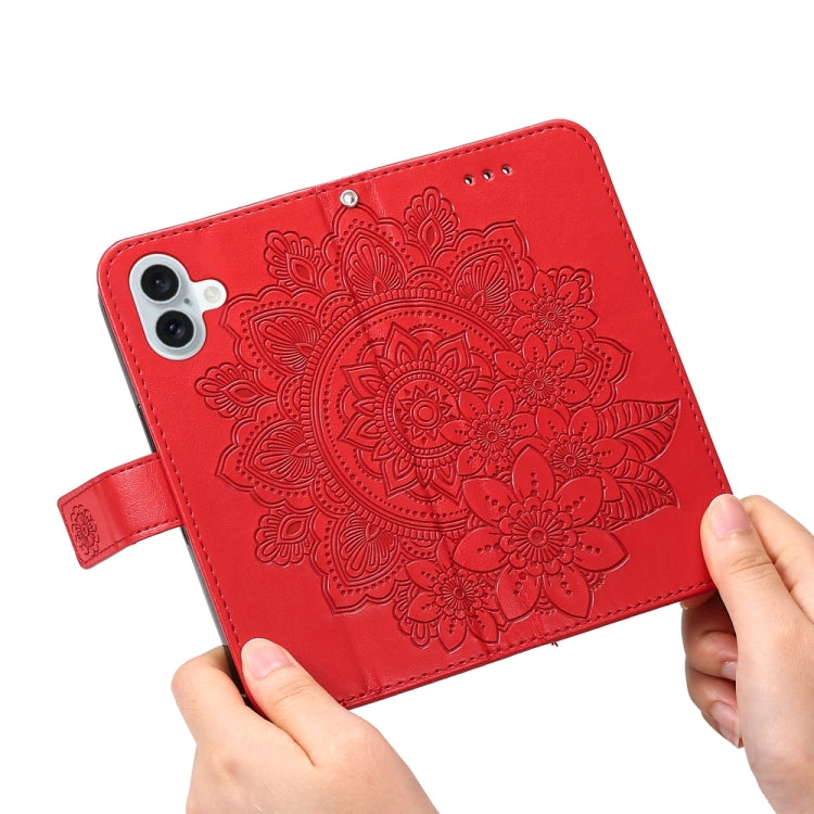 For iPhone 16 Plus Seven-petal Flowers Embossing Leather Phone Case(Red) - iPhone 16 Plus Cases by buy2fix | Online Shopping UK | buy2fix