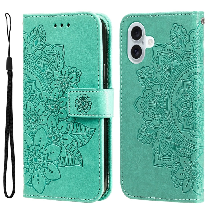 For iPhone 16 Plus Seven-petal Flowers Embossing Leather Phone Case(Green) - iPhone 16 Plus Cases by buy2fix | Online Shopping UK | buy2fix