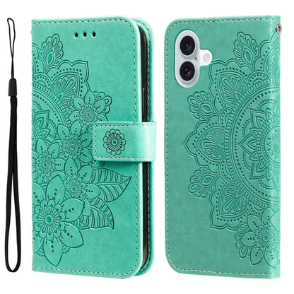 For iPhone 16 Plus Seven-petal Flowers Embossing Leather Phone Case(Green) - iPhone 16 Plus Cases by buy2fix | Online Shopping UK | buy2fix
