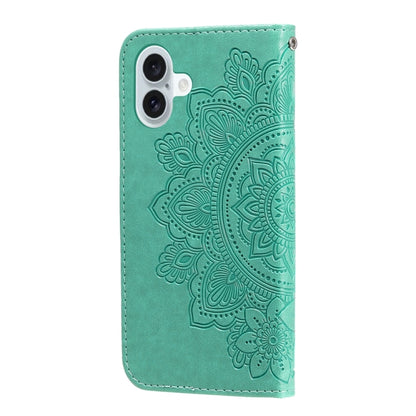 For iPhone 16 Plus Seven-petal Flowers Embossing Leather Phone Case(Green) - iPhone 16 Plus Cases by buy2fix | Online Shopping UK | buy2fix