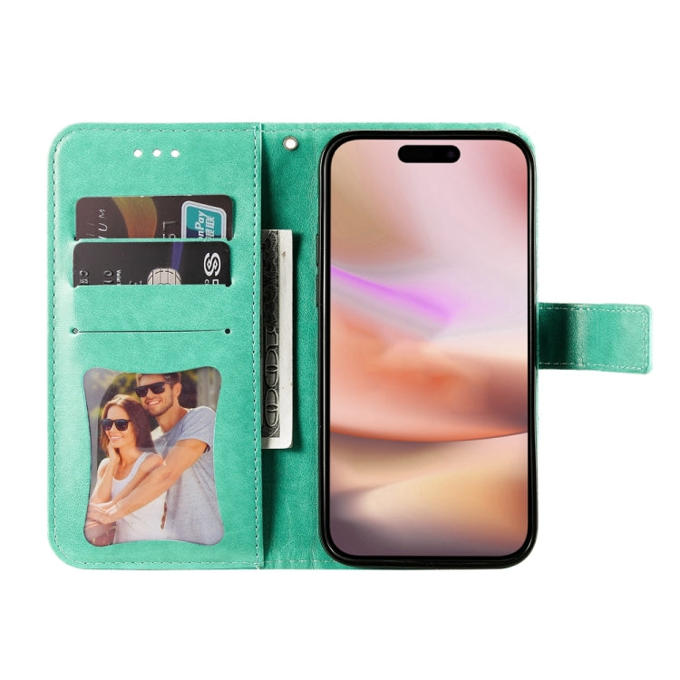 For iPhone 16 Plus Seven-petal Flowers Embossing Leather Phone Case(Green) - iPhone 16 Plus Cases by buy2fix | Online Shopping UK | buy2fix