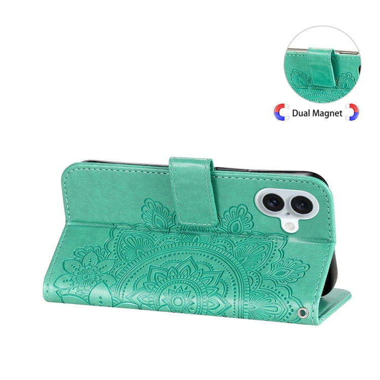 For iPhone 16 Plus Seven-petal Flowers Embossing Leather Phone Case(Green) - iPhone 16 Plus Cases by buy2fix | Online Shopping UK | buy2fix