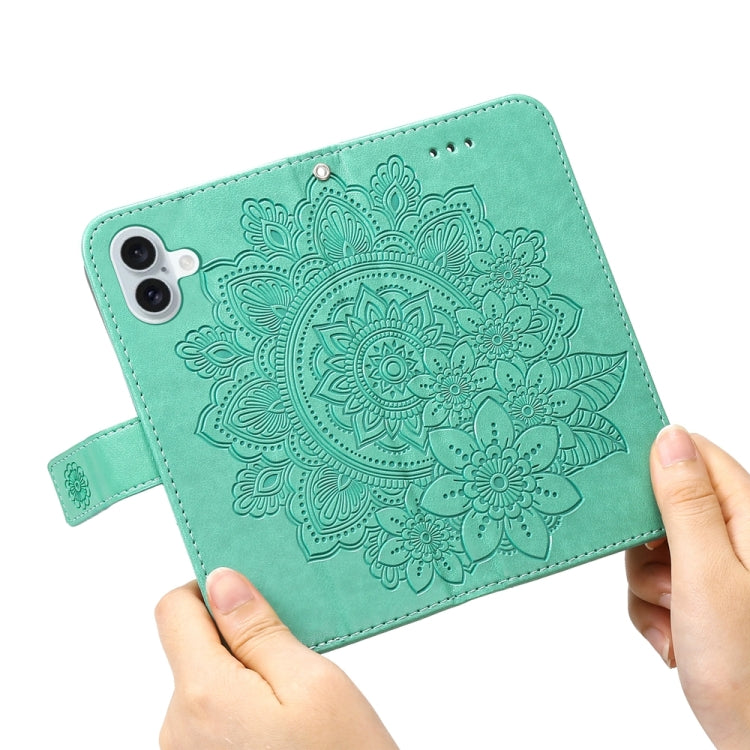 For iPhone 16 Plus Seven-petal Flowers Embossing Leather Phone Case(Green) - iPhone 16 Plus Cases by buy2fix | Online Shopping UK | buy2fix