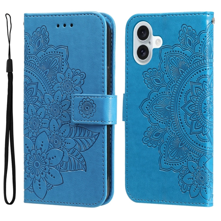 For iPhone 16 Plus Seven-petal Flowers Embossing Leather Phone Case(Blue) - iPhone 16 Plus Cases by buy2fix | Online Shopping UK | buy2fix