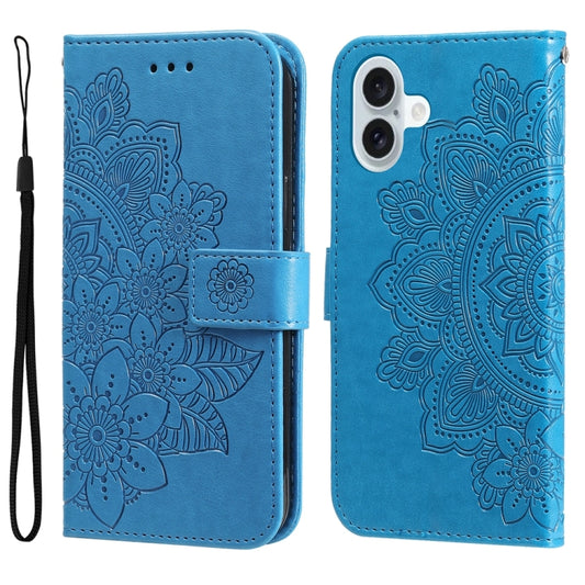 For iPhone 16 Plus Seven-petal Flowers Embossing Leather Phone Case(Blue) - iPhone 16 Plus Cases by buy2fix | Online Shopping UK | buy2fix
