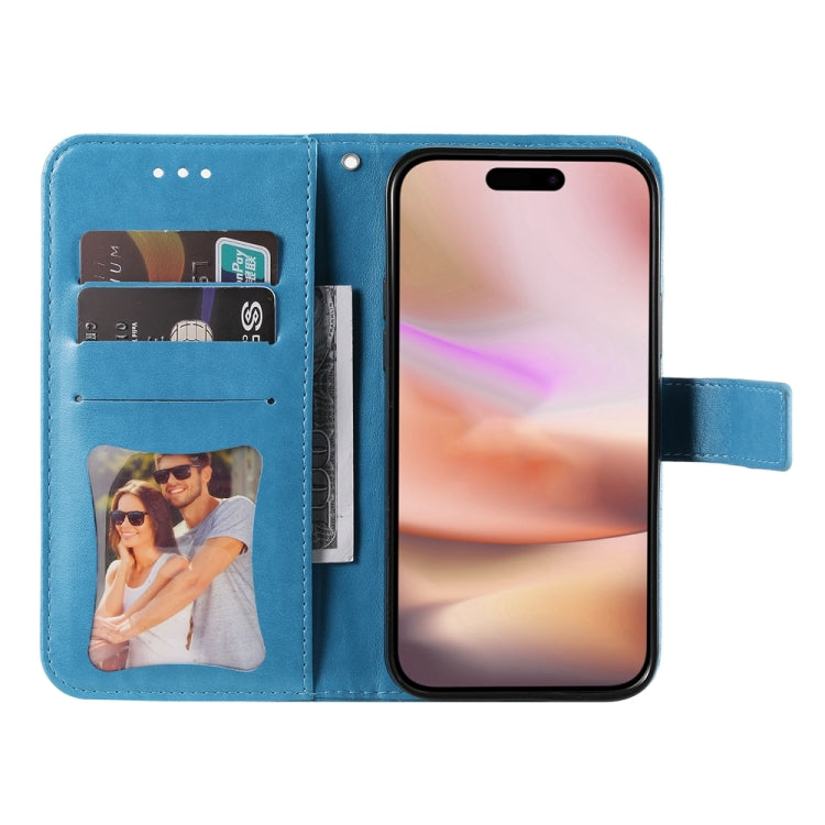 For iPhone 16 Plus Seven-petal Flowers Embossing Leather Phone Case(Blue) - iPhone 16 Plus Cases by buy2fix | Online Shopping UK | buy2fix