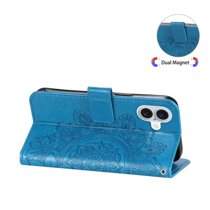 For iPhone 16 Plus Seven-petal Flowers Embossing Leather Phone Case(Blue) - iPhone 16 Plus Cases by buy2fix | Online Shopping UK | buy2fix