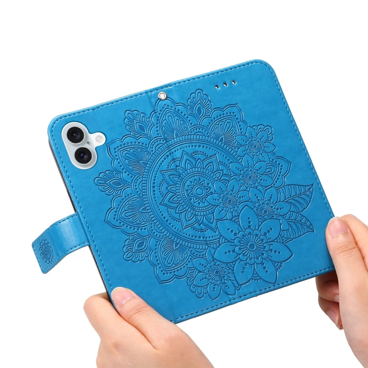 For iPhone 16 Plus Seven-petal Flowers Embossing Leather Phone Case(Blue) - iPhone 16 Plus Cases by buy2fix | Online Shopping UK | buy2fix