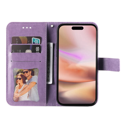 For iPhone 16 Plus Seven-petal Flowers Embossing Leather Phone Case(Light Purple) - iPhone 16 Plus Cases by buy2fix | Online Shopping UK | buy2fix