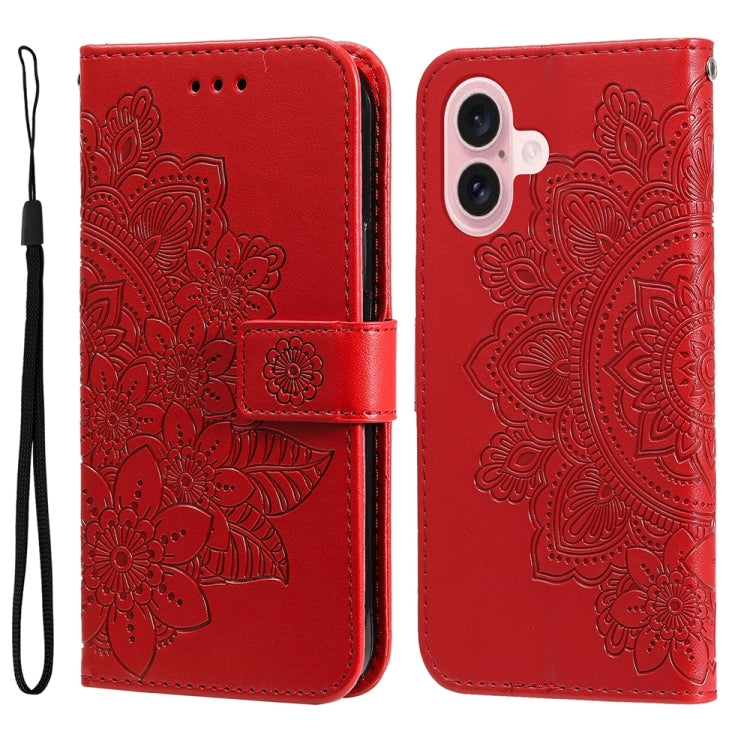 For iPhone 16 Seven-petal Flowers Embossing Leather Phone Case(Red) - iPhone 16 Cases by buy2fix | Online Shopping UK | buy2fix